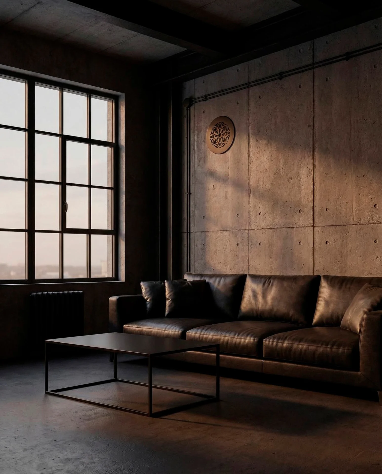 Intérieur architectural sombre avec une bouche d’aération personnalisée